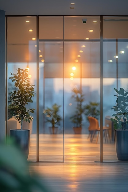 Sunset light filters through glass doors into a plant filled office space