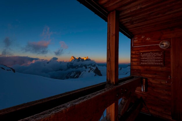 Sunset light in the Valle Blanche and Le Dent du Geant from the Cosmiques hut  Chamonix France