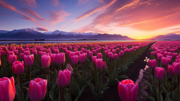 Photo the sunset lights the scene of a colorful field of tulips