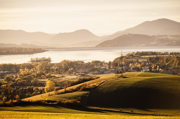 Sunset over Liptov region in the backround with Liptovska mara lake and tatras mountains around Liptovsky mikulas landspace slovakia