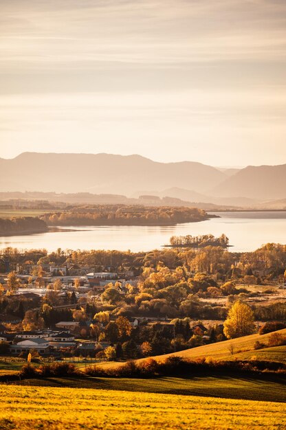 Sunset over Liptov region in the backround with Liptovska mara lake and tatras mountains around Liptovsky mikulas landspace slovakia