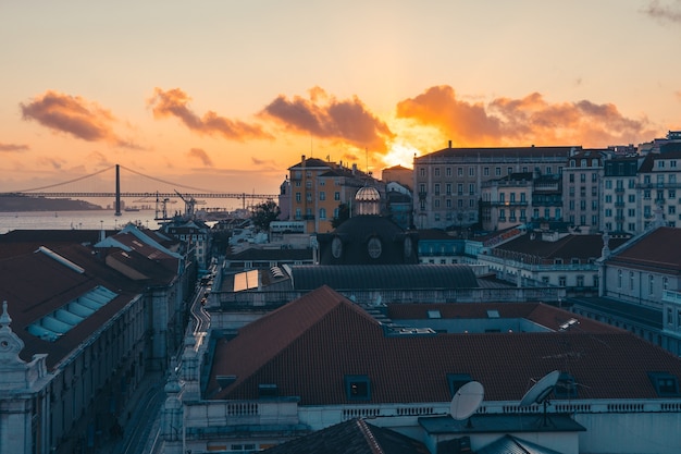 Sunset in the lisbon town in the city