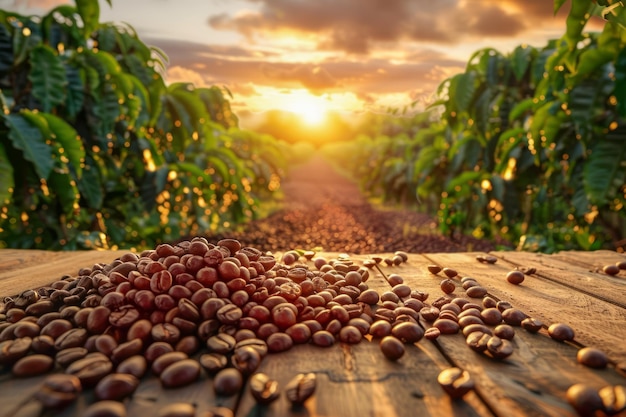 Sunset Over Lush Coffee Plantation with Fresh Coffee Beans Spread on Wooden Table