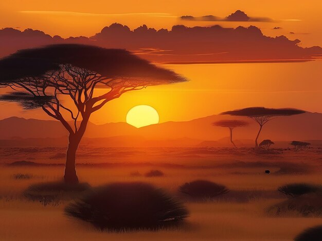 Sunset over the majestic African landscape a tranquil and idyllic beauty