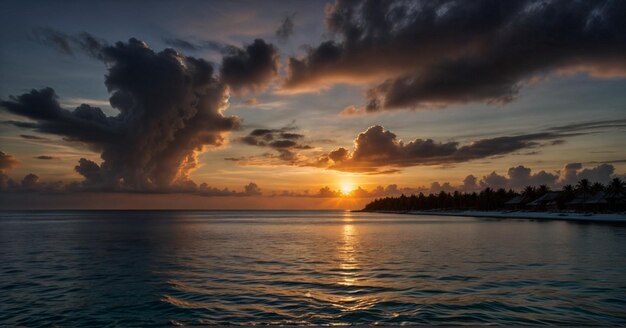 Sunset in Maldives island Beautiful sunset sky and clouds luxury water villas Generate by AI