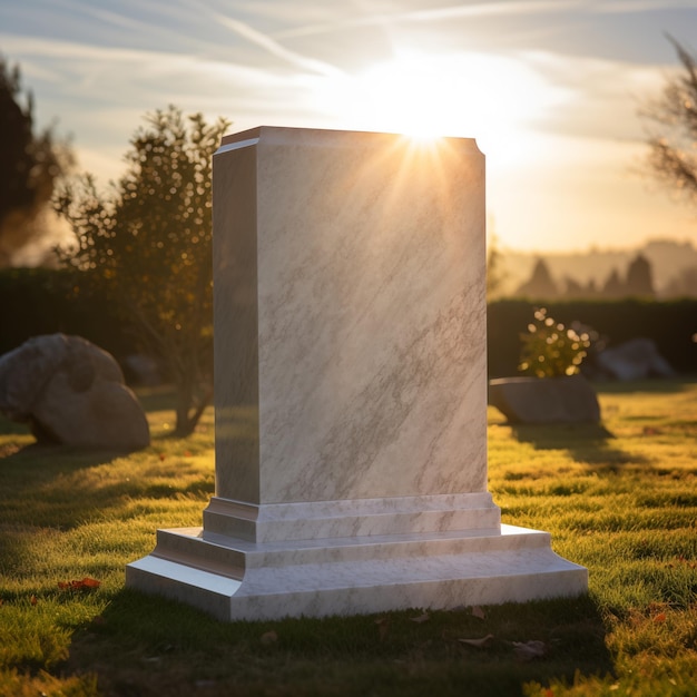 Sunset Behind a Marble Tombstone in a Peaceful Cemetery