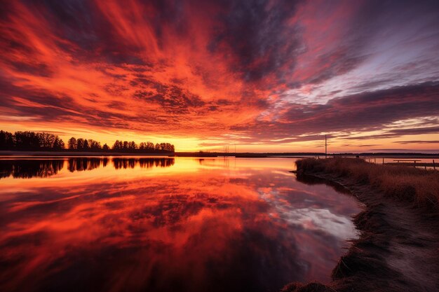 Sunset Over Marsh Fiery Orange Sky