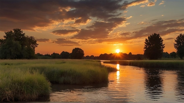 a sunset over a marsh with a lake and a sunset