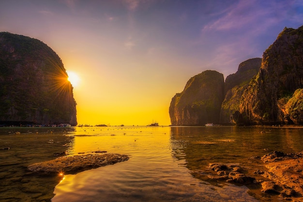 Sunset at the Maya beach on Koh Phi Phi island in Thailand