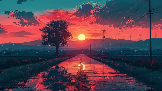 sunset meadow anime landscape wallpaper