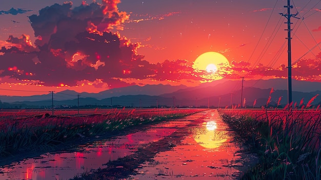 sunset meadow anime landscape wallpaper