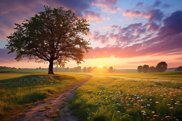 Sunset over meadow with lonely tree and flowers Nature composition