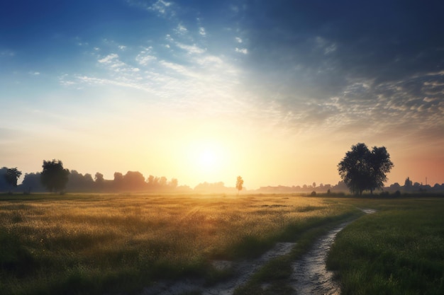 Sunset over the meadow with trees and dirt road in summer