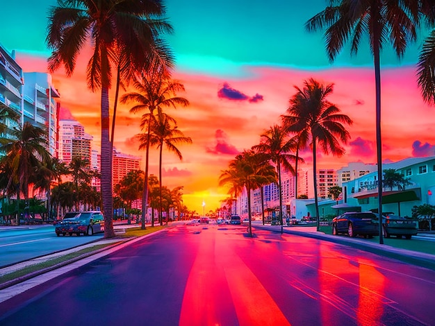 sunset at the Miami beach with miami street 4k free image download