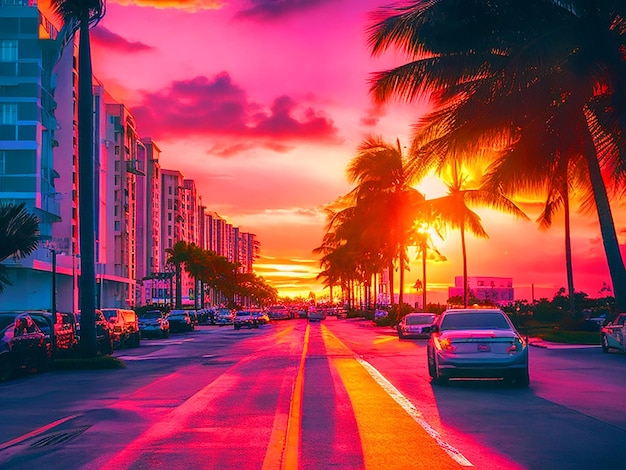 sunset at the Miami beach with miami street 4k free image download