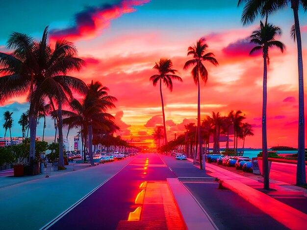 sunset at the Miami beach with miami street 4k free image download