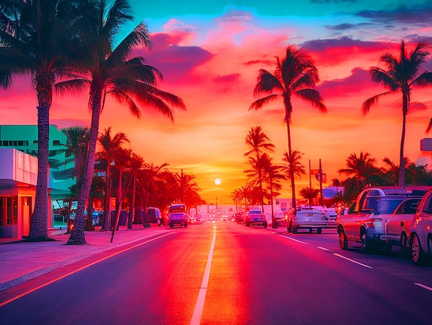 sunset at the Miami beach with miami street 4k free image download