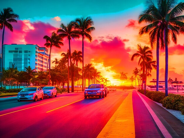 sunset at the Miami beach with miami street 4k free image download