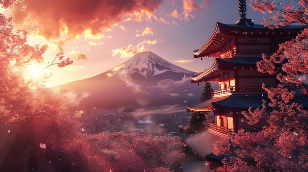 Sunset over Mount provides a stunning backdrop to the vibrant cherry blossoms and traditional