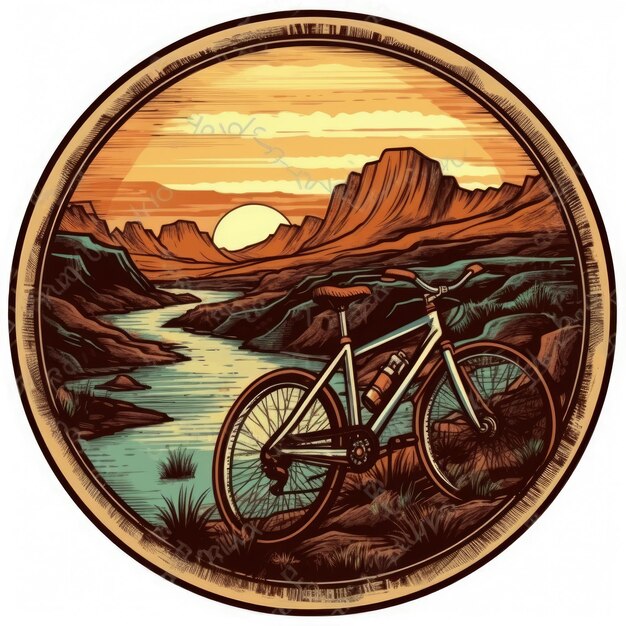 Sunset Mountain Bike Scene in a Circular Frame