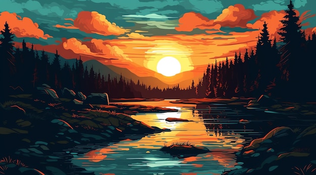 Sunset over a mountain lake with a mountain in the background