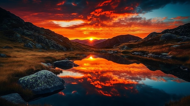 A sunset over a mountain lake with a mountain in the background