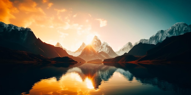 A sunset over a mountain lake with the mountains in the background