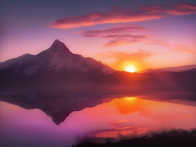 Sunset over mountain range tranquil scene reflecting beauty in nature