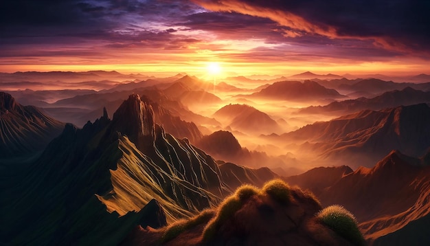 A sunset over a mountain range with mountains in the background