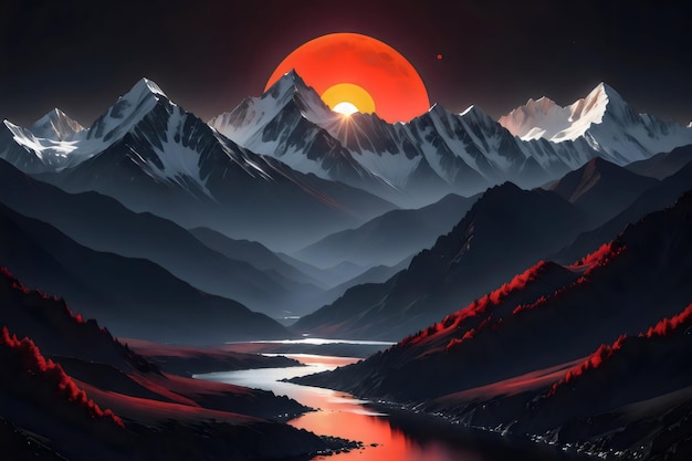 a sunset over a mountain range with a red sun setting behind it