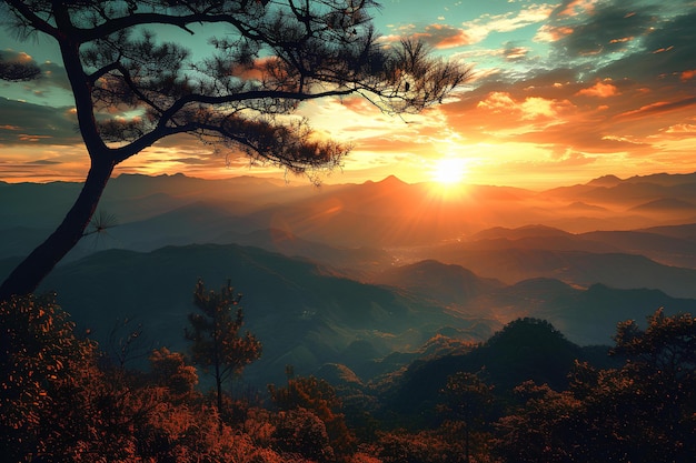 A sunset over a mountain range with a tree in the foreground and a sun setting in the distance a