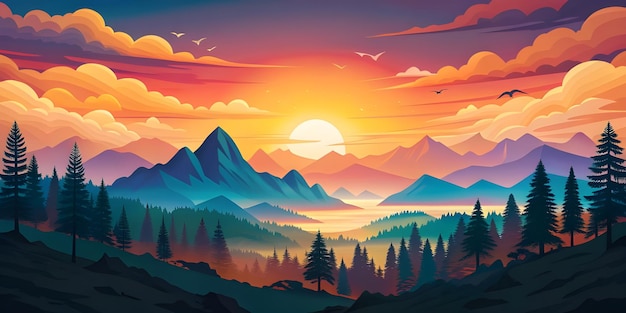 a sunset over a mountain range