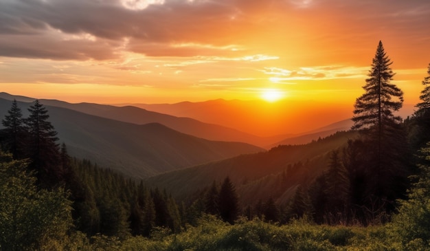 a sunset over a mountain range