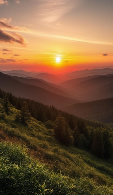 a sunset over a mountain range