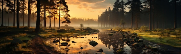 Sunset over the mountain river Panoramic view Mountain landscape