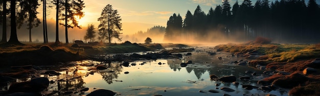 Sunset over the mountain river Panoramic view Mountain landscape