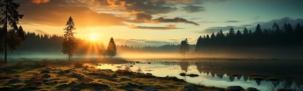 Sunset over the mountain river Panoramic view Mountain landscape