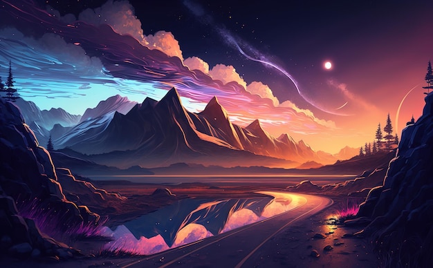 Sunset over a mountain and a river, Streaming background, Streaming background