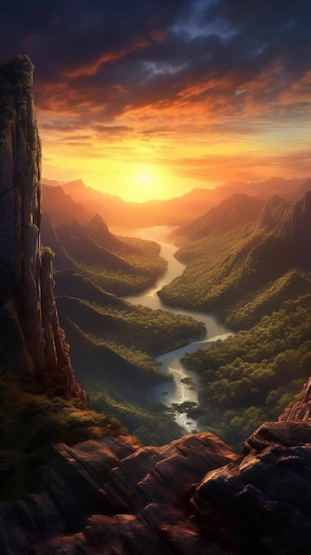 Sunset on mountain scene background plant and river AI Generated