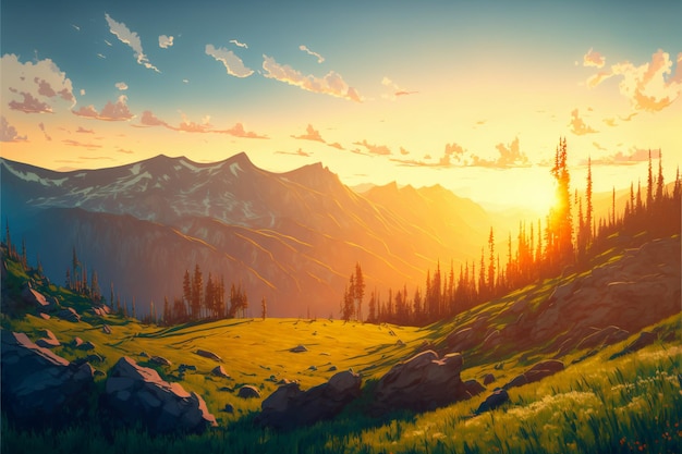 Sunset in the mountain valley beautiful natural land creative digital painting