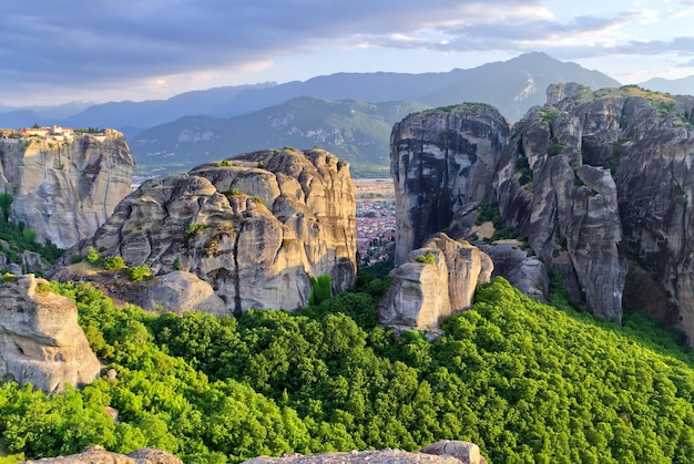 Sunset in mountain valley with beautiful view in greece kalabaka Meteora monastery travel destination in Greece