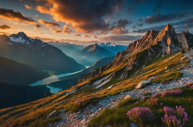 Photo a sunset over a mountain valley with a mountain lake in the background