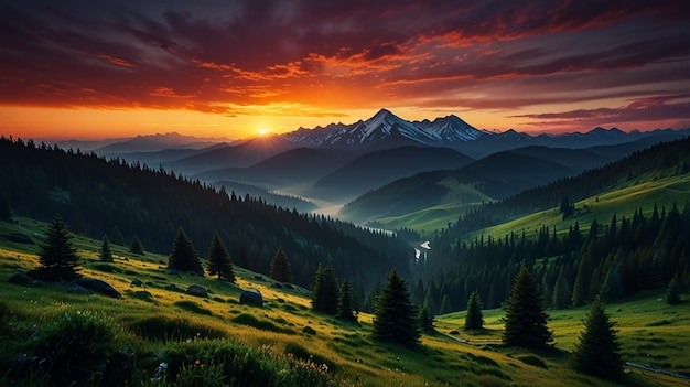 sunset over a mountain valley