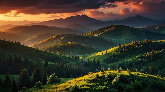 a sunset over a mountain valley