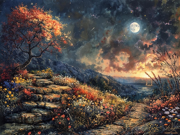 a sunset over a mountain with a moon and trees