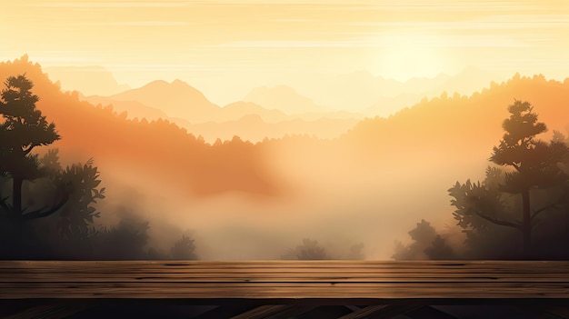 A sunset over a mountain with a person walking on the platform.