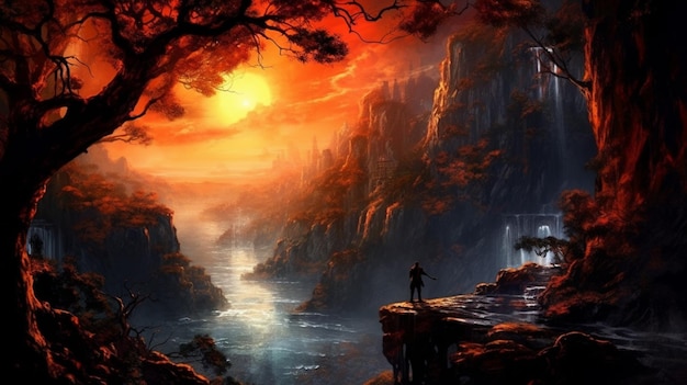 A sunset over a mountain with a waterfall and a person standing on a cliff.