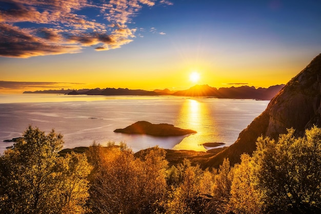 Sunset over the mountains of Lofoten islands