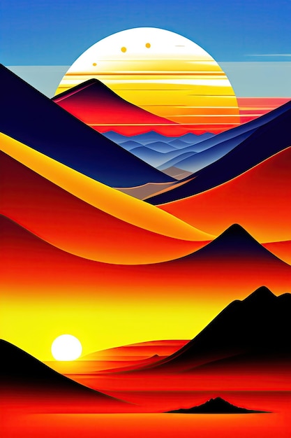 Sunset over the mountains and Sahara Volcano eruption Safari illustration