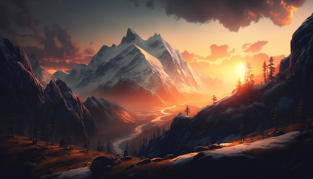 Sunset in the mountains Using Generative Ai